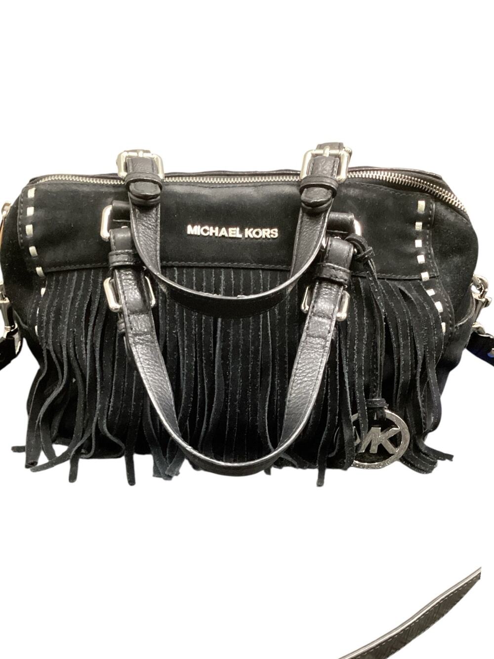 Michael Kors Purse “Billy” Suede Fringe Satchel Bag Silver Tone Hardware Black